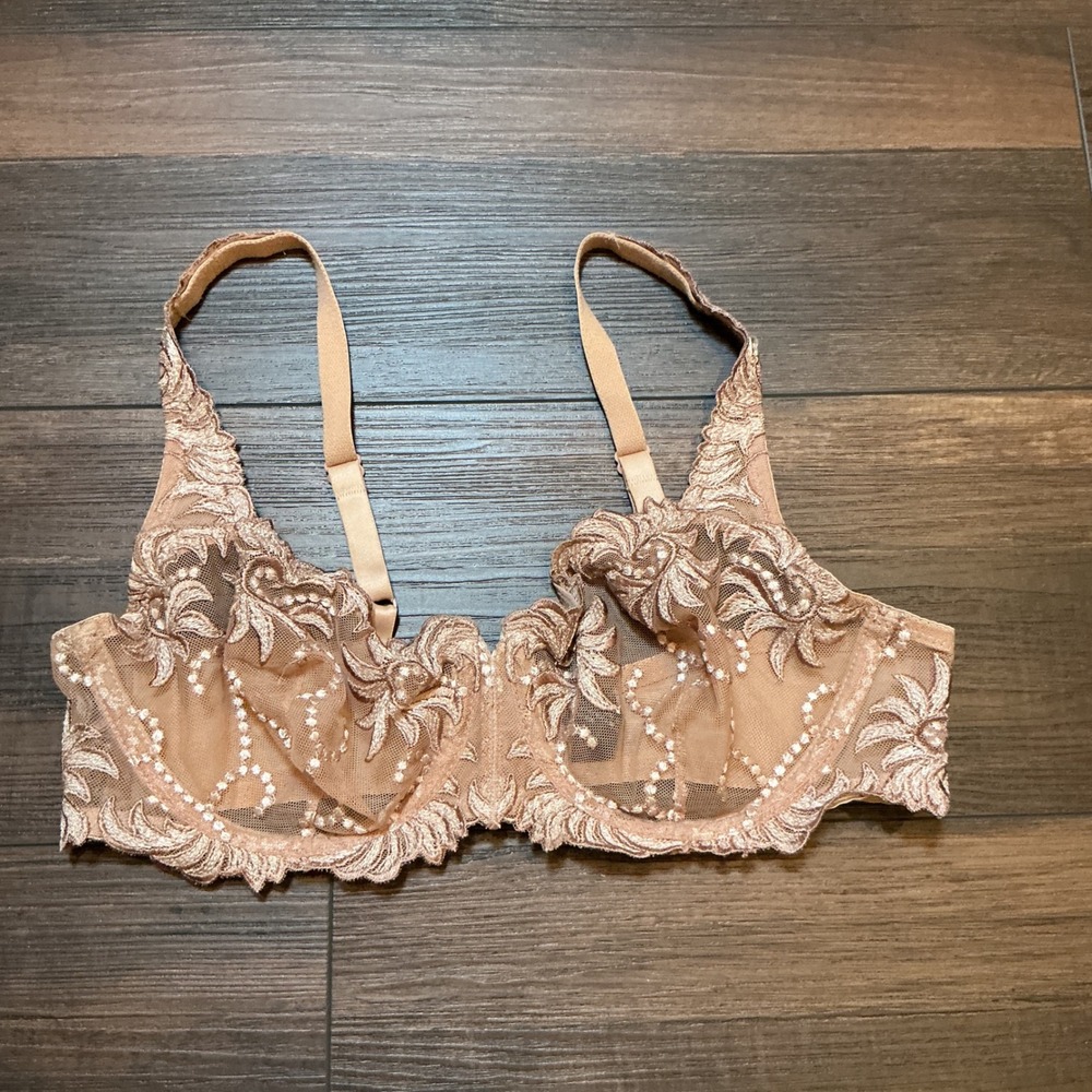 Soma Intimates Floral Embroidered Sheer Mesh Underwire Bra Tan 36C Lingerie